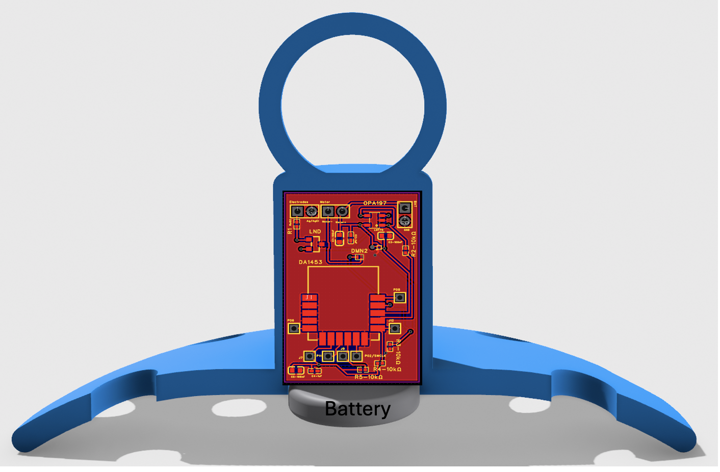 Smart Pessary internal architecture — cross-section showing embedded PCB sensor electronics and battery within the silicone shell