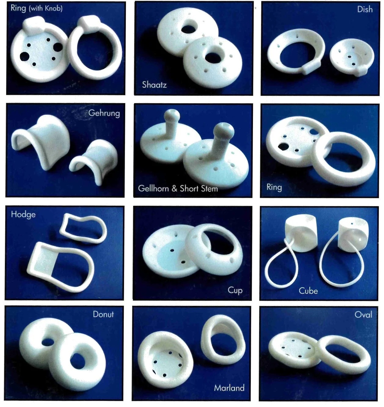 Twelve common pessary shapes used in clinical practice: Ring with Knob, Shaatz, Dish, Gehrung, Gellhorn and Short Stem, Ring, Hodge, Cup, Cube, Donut, Marland, Oval